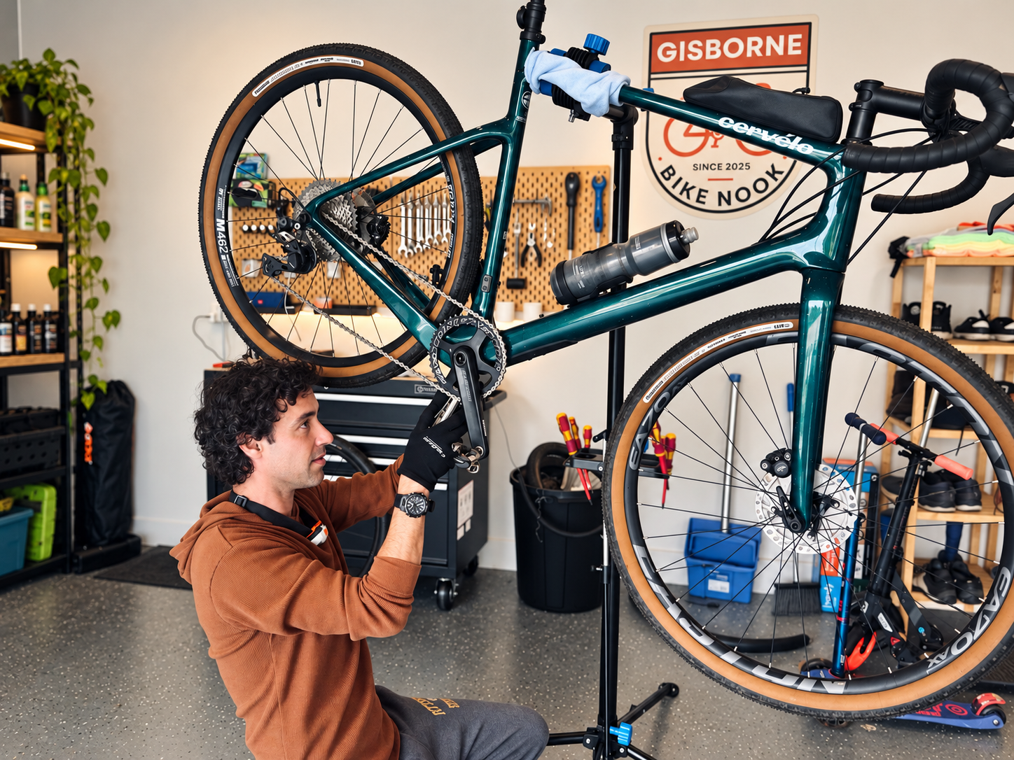 Alberto working on a bicycle in the Gisborne Bike Nook workshop